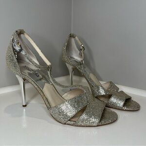 Michael Kors Silver Glitter T-Strap Stiletto Heel Sandals